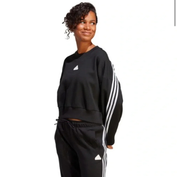 adidas Women's L Large Future Icons 3-Stripes Crew Sweatshirt Black White NWT - Picture 8 of 15